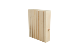 Close up of a dowel-laminated timber block standing vertically
