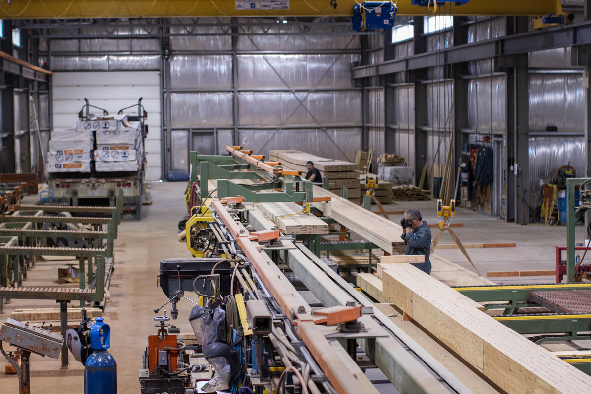 Indoor view of mass timber factory, showing workers constructing laminated veneer lumber (LVL), where veneers are bonded together under heat and pressure